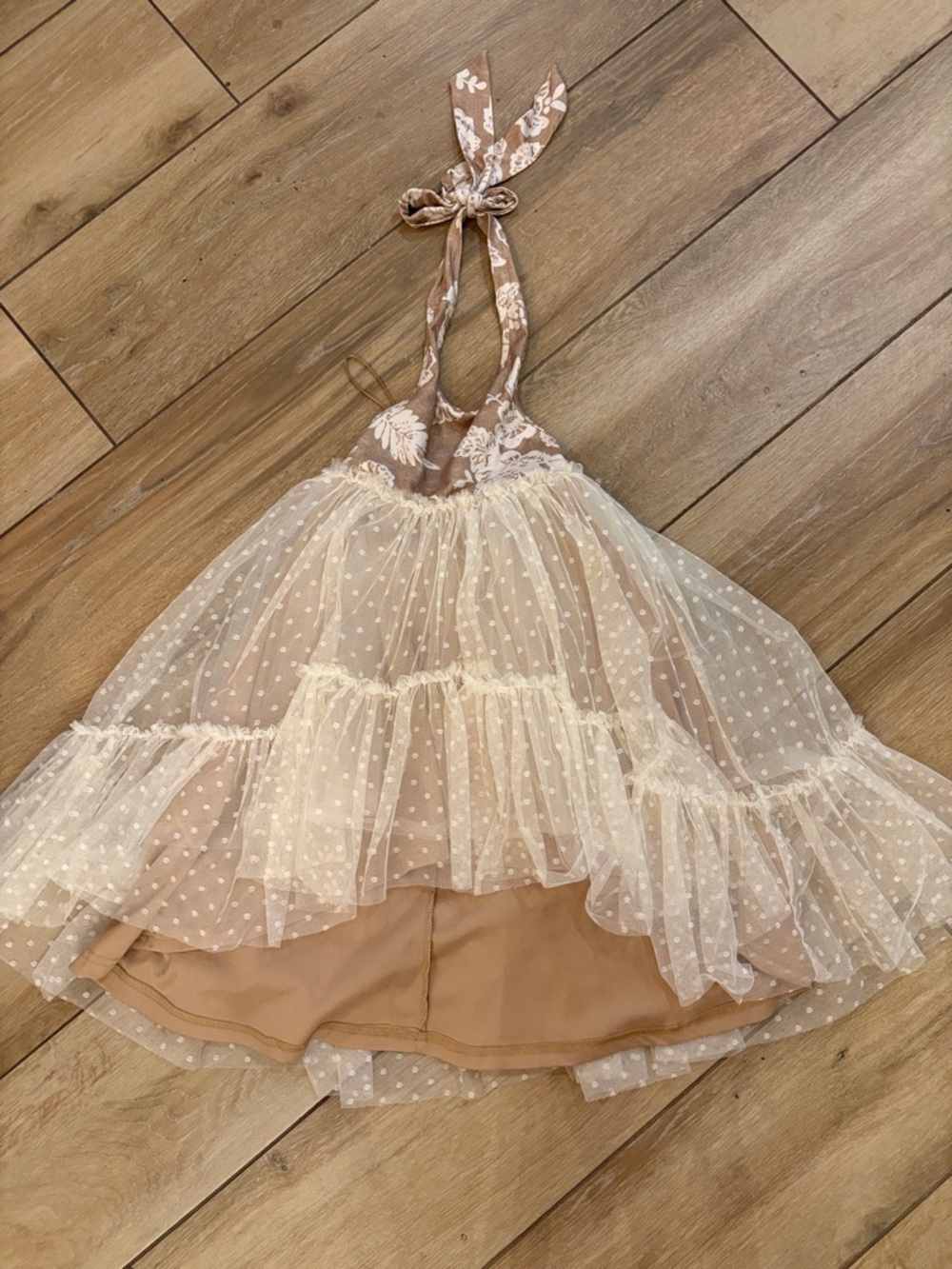 Joyfolie Cream and Tan Layered Tulle Halter Dress